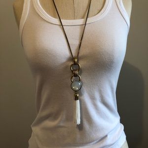 JCrew brass, glass, beaded tassel necklace